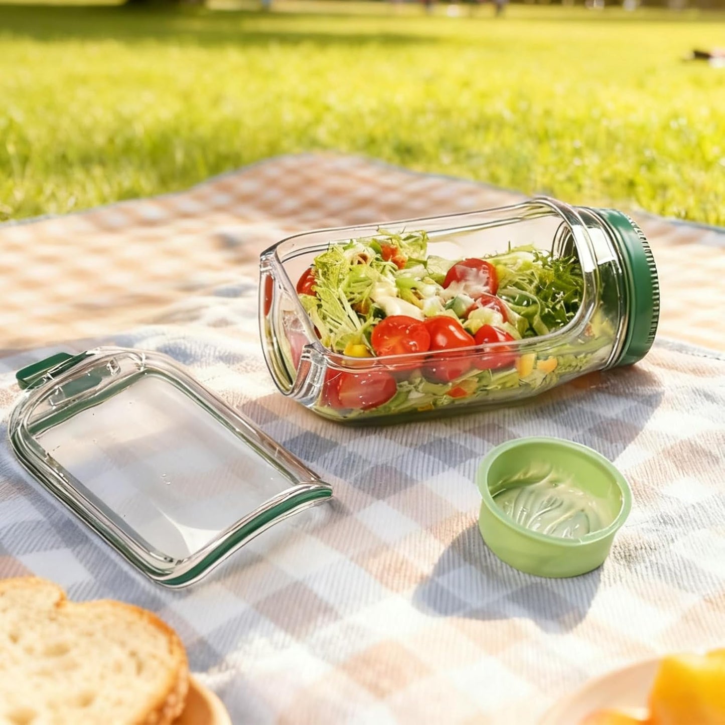 Durable, shatterproof, leak-proof Mason jar-style salad container, perfect for home, office, outdoor use, and travel