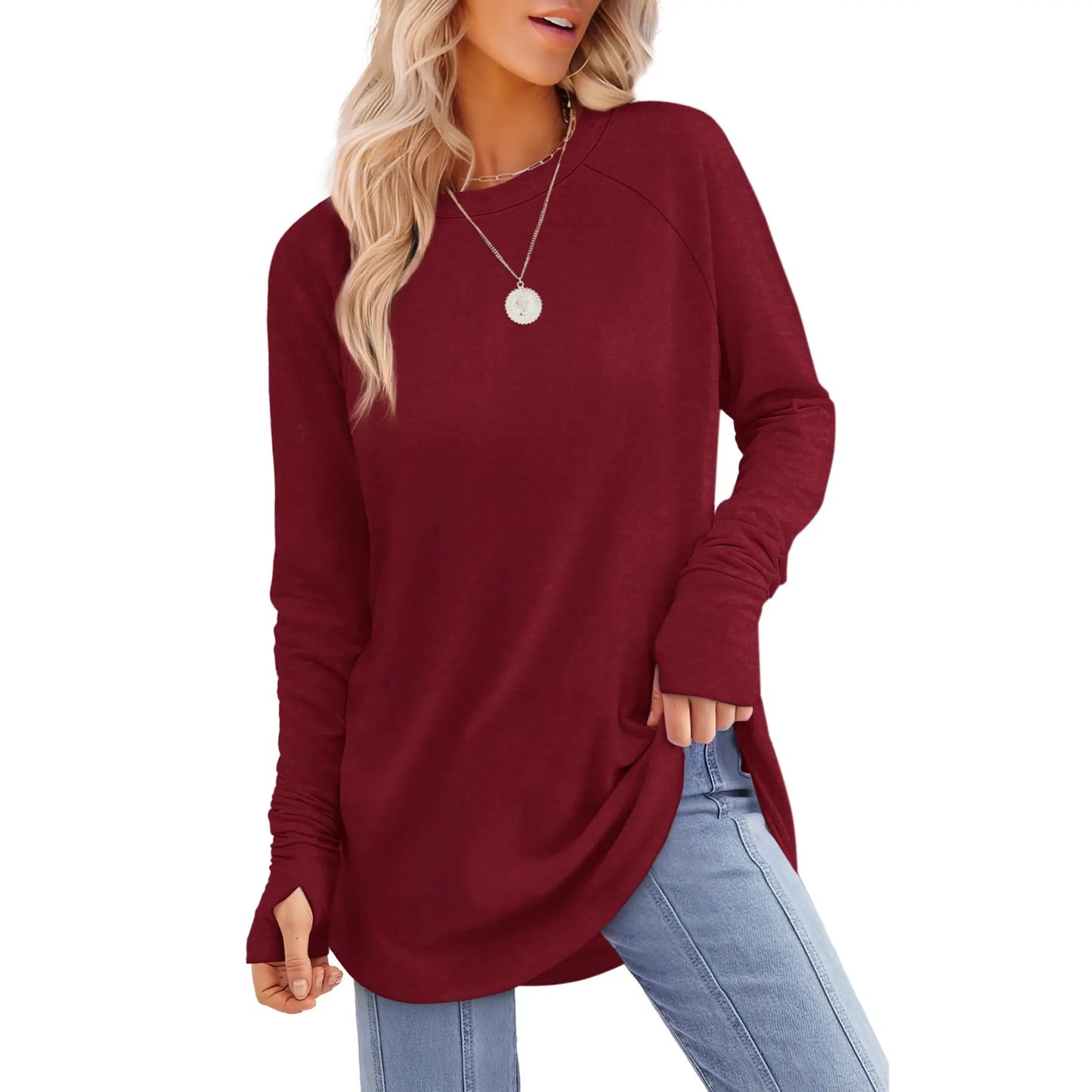 WIHOLL Womens Tunic Tops to Wear with Leggings Long Sleeve Thumb Hole Shirts Crew Neck Curved Hem SpringStatements