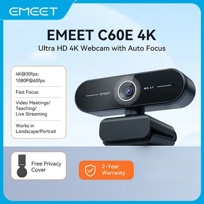 EMEET C60E 4K Webcam Streaming Camera for PC Laptop, Not for PS5, Gaming Accessories for Switch 2 Camera, 1080p@60fps, Fast AutoFocus, Fill Light, Plug & Play with Privacy Cover, Game Changer, Webcam 4K for Streaming Living