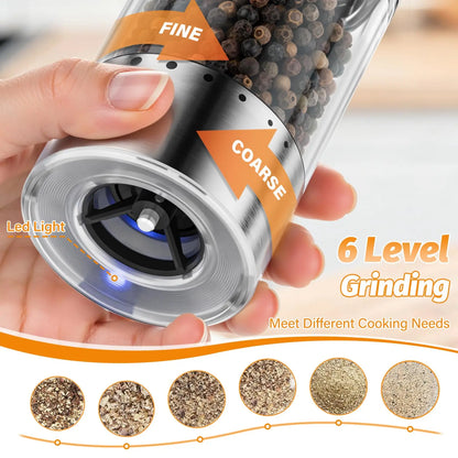 HomeHacks Electric Salt & Pepper Grinder Sets （2PCS）- LED Light,Rechargeable, Freely adjustable grind size(6 Settings) , One button,One hand,Huge upgrade, for Home Kitchen & BBQ,Gift