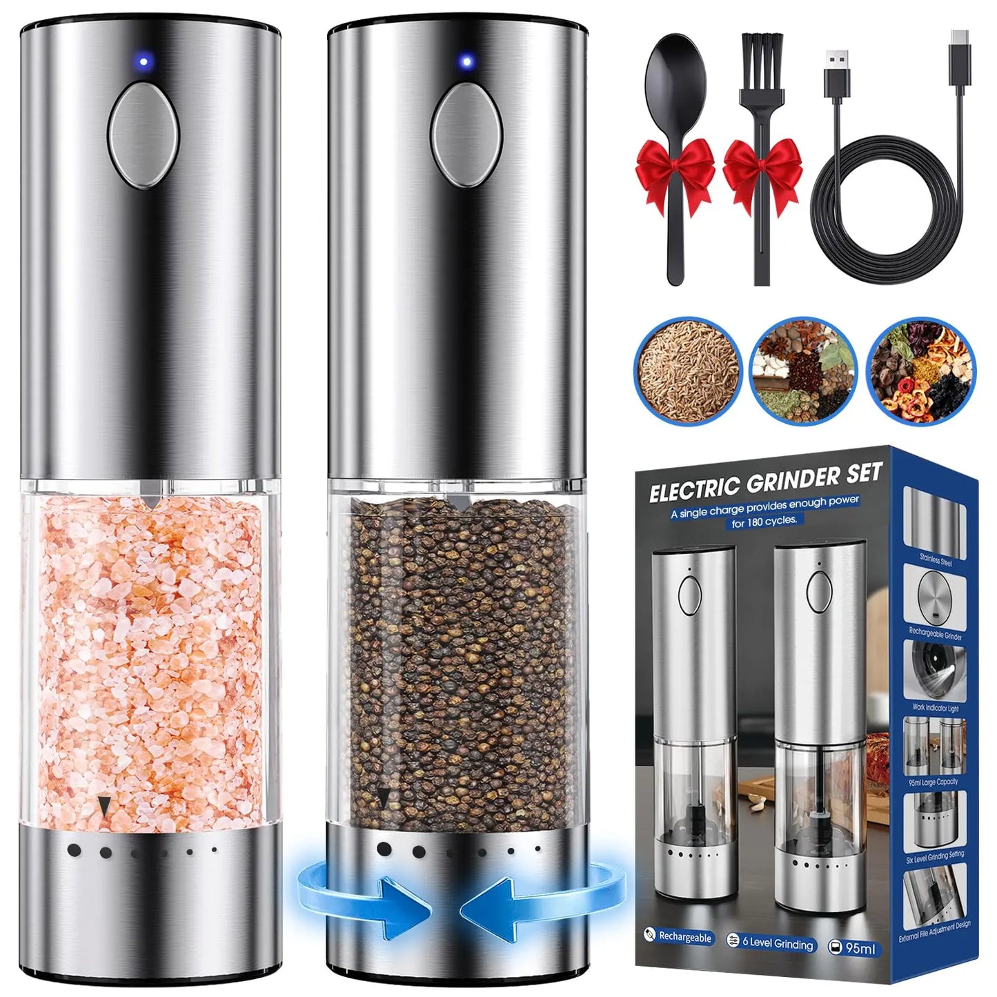 HomeHacks Electric Salt & Pepper Grinder Sets （2PCS）- LED Light,Rechargeable, Freely adjustable grind size(6 Settings) , One button,One hand,Huge upgrade, for Home Kitchen & BBQ,Gift