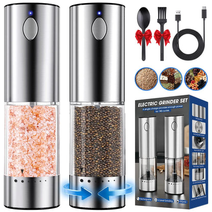HomeHacks Electric Salt & Pepper Grinder Sets （2PCS）- LED Light,Rechargeable, Freely adjustable grind size(6 Settings) , One button,One hand,Huge upgrade, for Home Kitchen & BBQ,Gift