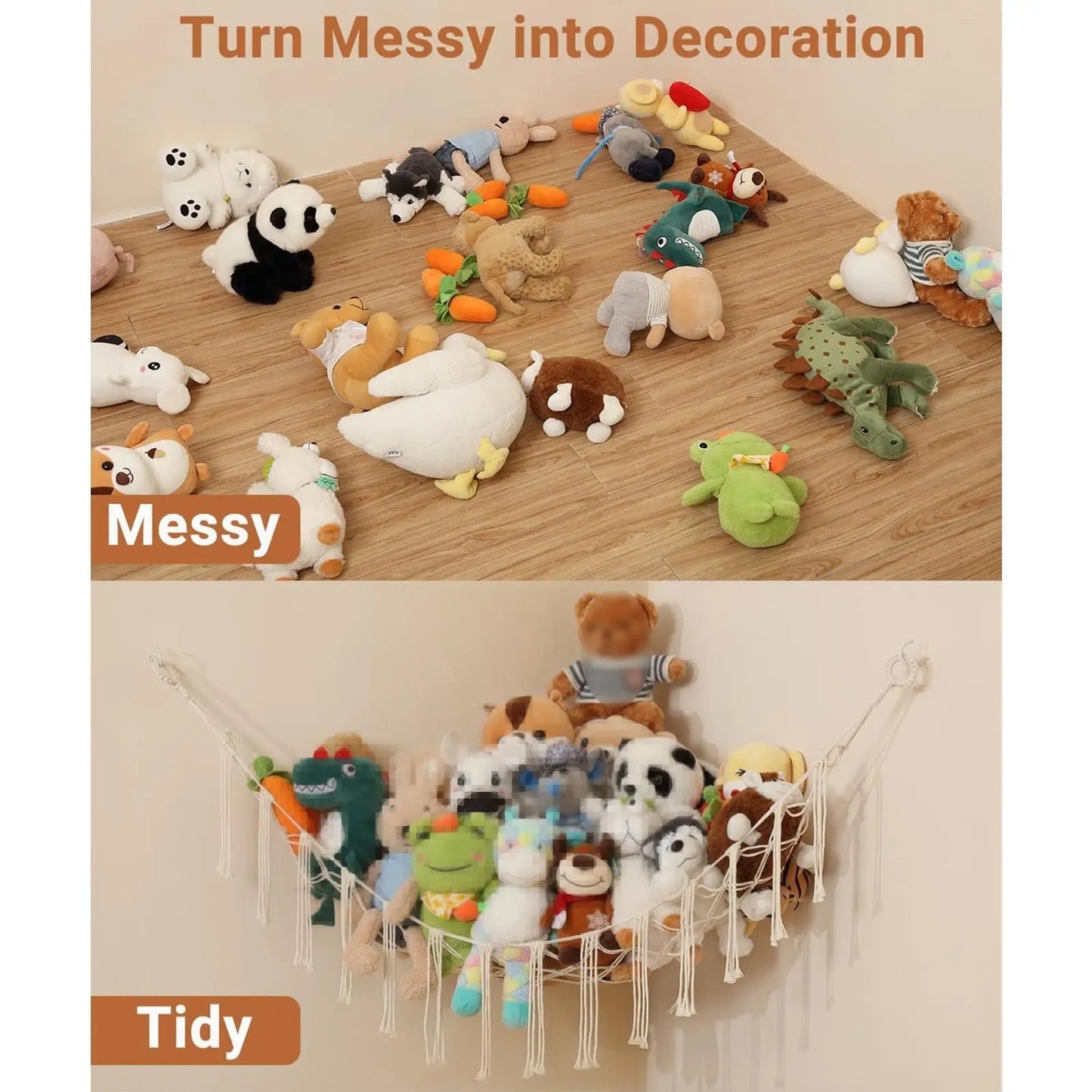 Plush Toy Hammock 60in Hangable Boho Stuffed Animal Corner Hanging Net Practical Cotton Organiser for Bedroom Nursery Decoration Ornaments