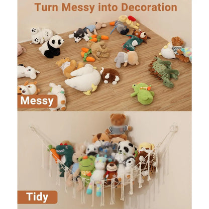 Plush Toy Hammock 60in Hangable Boho Stuffed Animal Corner Hanging Net Practical Cotton Organiser for Bedroom Nursery Decoration Ornaments