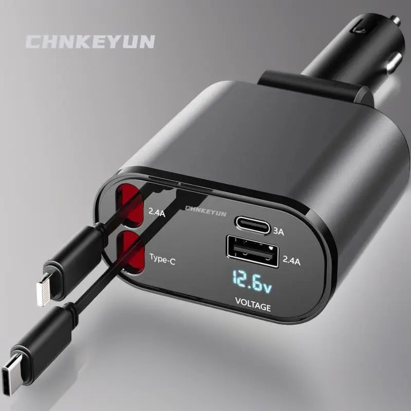 CHENGKE 4 in 1 Retractable Car Charger,Super Fast Charging Car Charger Max 120W, Retractable Cable and 2 USB Ports Car Charger Adapter for iPhone 15 14 13 12 Pro Max, Galaxy S23 Bluetooth Charger phone charger c