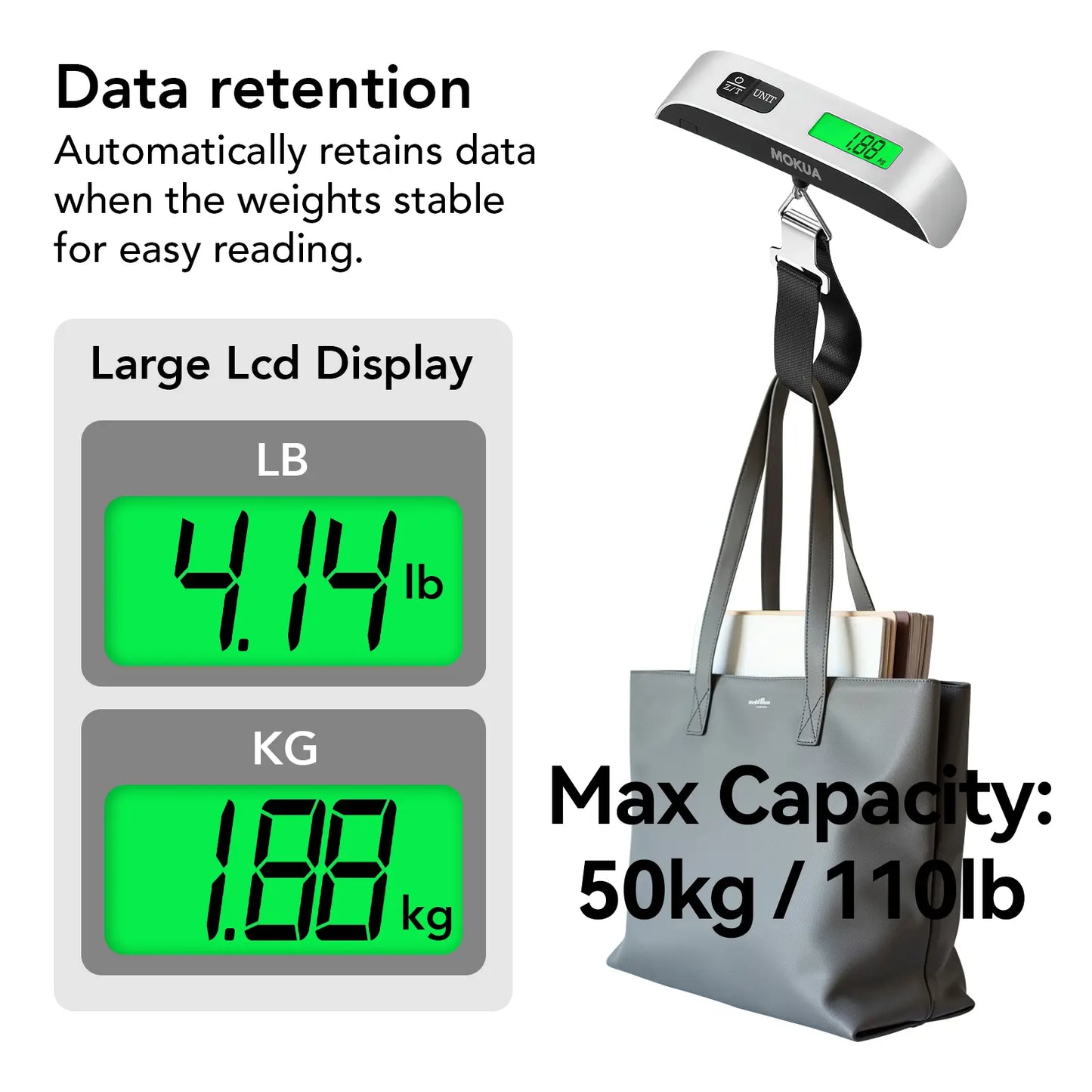 MOKUA Portable Digital Luggage Scale, Pet Scale for Accurate Weighing, 110lbs Hanging Baggage Scale with Backlit LCD Display, Portable Suitcase Weighing Scale, Travel Luggage Weight Scale with Hook, Strong Straps for Travelers