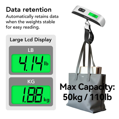 MOKUA Portable Digital Luggage Scale, Pet Scale for Accurate Weighing, 110lbs Hanging Baggage Scale with Backlit LCD Display, Portable Suitcase Weighing Scale, Travel Luggage Weight Scale with Hook, Strong Straps for Travelers