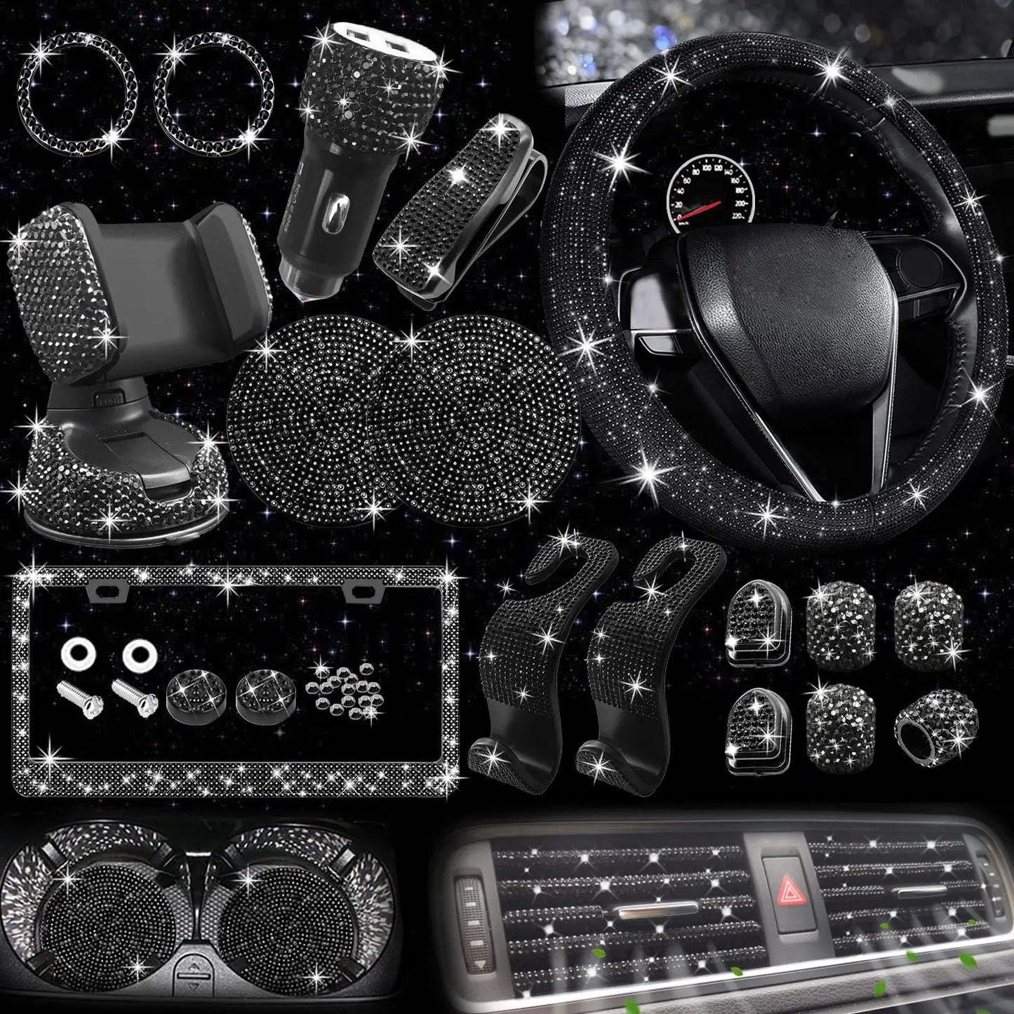 Rhinestone Car Decoration Set for Fall, Steering Wheel Cover & License Plate Frame & Coaster & Hook for BMW i8, Vehicle Automotive Accessories, Interior, Car Accessories
