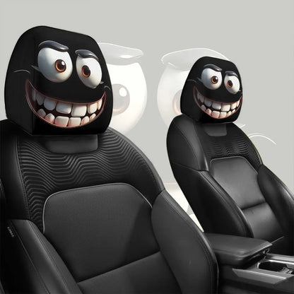 2pcs Set of Funny Big-Eyed Grinning Cartoon Print Car Seat Headrest Covers, Universal Fit for Long Road Trips & Daily Commutes – Perfect for Halloween/Christmas Holiday Decor, Car Interior Decoration