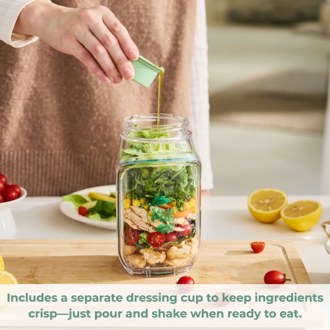 Durable, shatterproof, leak-proof Mason jar-style salad container, perfect for home, office, outdoor use, and travel