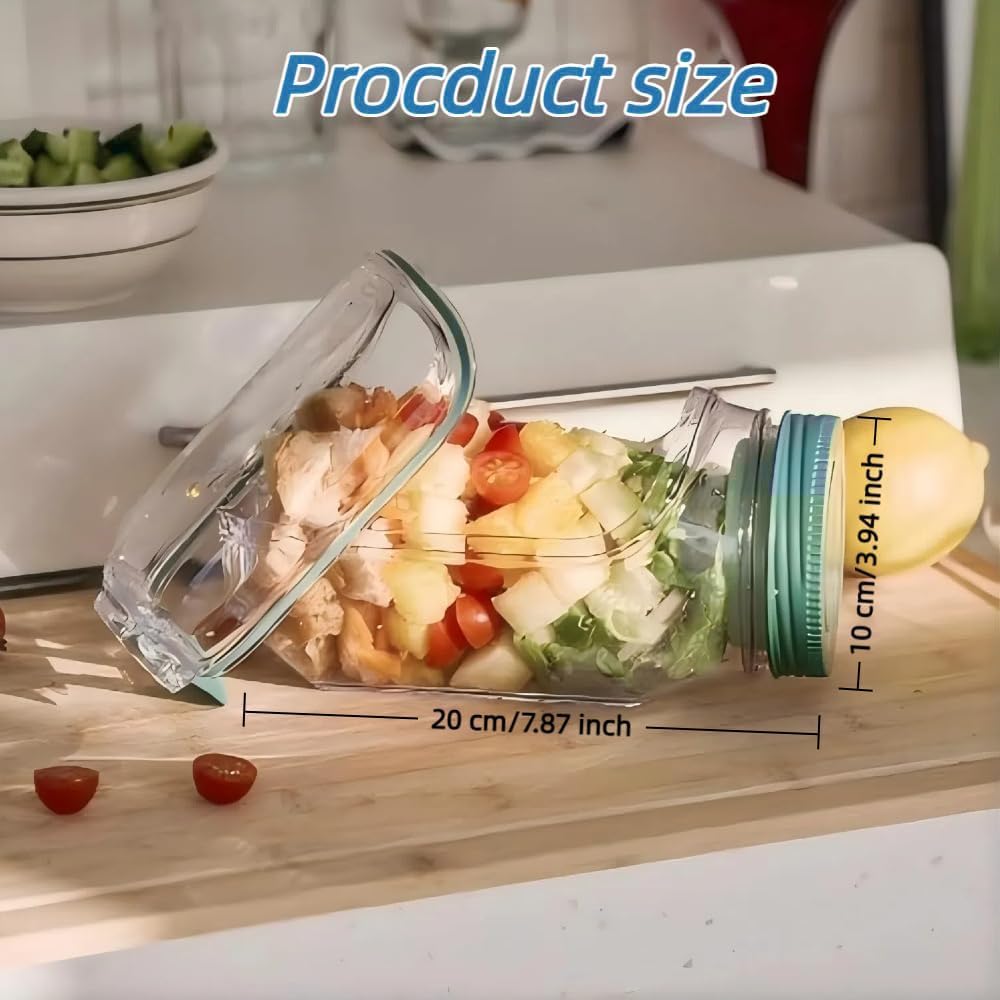 Durable, shatterproof, leak-proof Mason jar-style salad container, perfect for home, office, outdoor use, and travel