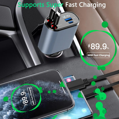 CHENGKE 4 in 1 Retractable Car Charger,Super Fast Charging Car Charger Max 120W, Retractable Cable and 2 USB Ports Car Charger Adapter for iPhone 15 14 13 12 Pro Max, Galaxy S23 Bluetooth Charger phone charger c