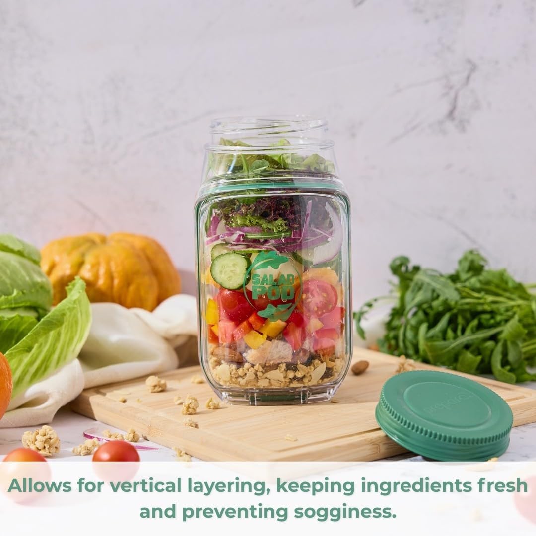 Durable, shatterproof, leak-proof Mason jar-style salad container, perfect for home, office, outdoor use, and travel