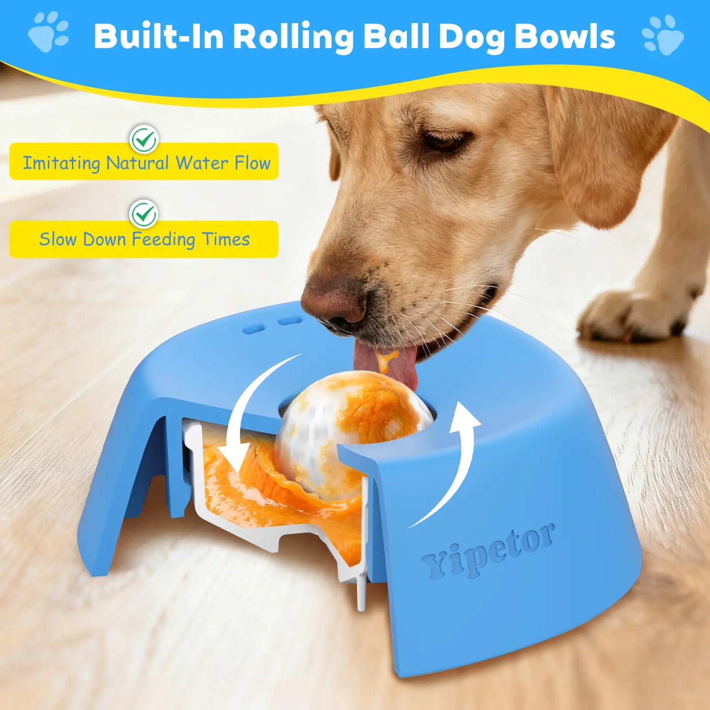 Yipetor Slow Feeder Dog Bowls for Liquid Treat, [Built-in Rolling Ball] No Spill Bone Broth Dog Licking Bowl, Multi-Purpose Puppy Yogurt Feeder Bowl for All Breeds Dietary Supplement/Post-op Nutrition Feeding.valentines gift for pets