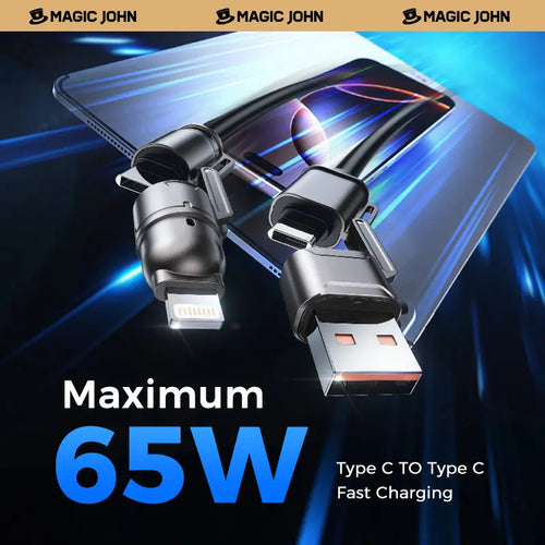 NEW - MAGIC JOHN USB Type C Charging Cable, 4 in 1 Function, 65W Fast Charging, Liquid Silicone and Aluminum Alloy Material, Braided Data Cable, Black & Gray