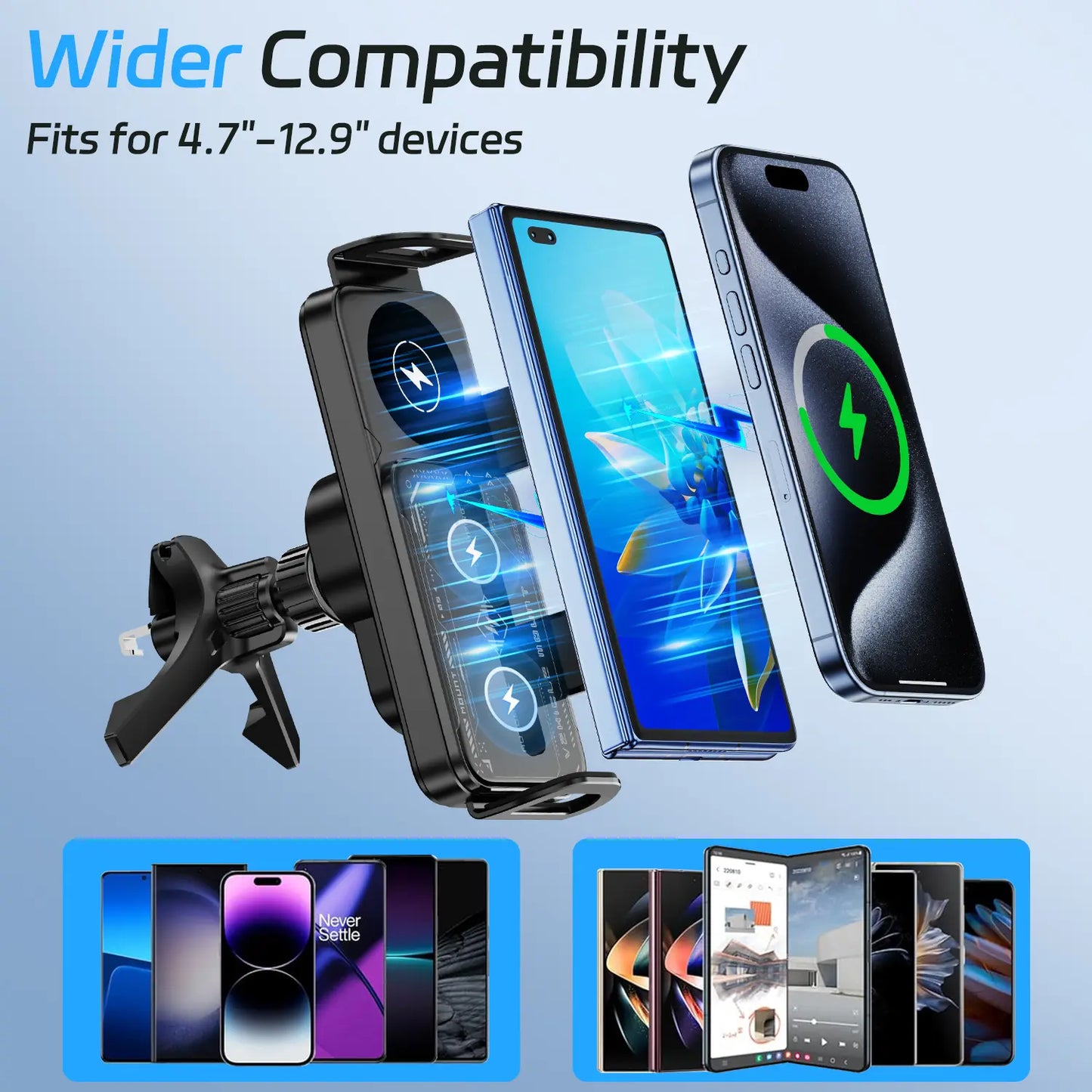 Wireless Charging Phone Holder Car Mount for Folding Screen/Universal Smartphone, 90° Rotating Car Mount Output Power 15W, Super Stable Air Vent Cell Phone Car Mount with Hook Clip, One Button Release for iPhone, Samsung, Google, and Other Smartphone
