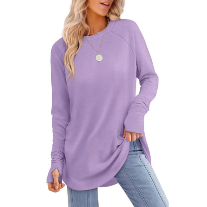 WIHOLL Womens Tunic Tops to Wear with Leggings Long Sleeve Thumb Hole Shirts Crew Neck Curved Hem SpringStatements
