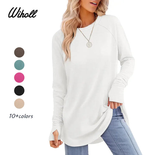 WIHOLL Womens Tunic Tops to Wear with Leggings Long Sleeve Thumb Hole Shirts Crew Neck Curved Hem SpringStatements