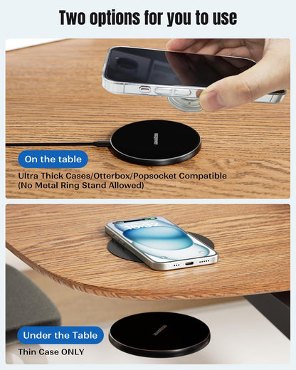 Invisible Wireless Charger, 0-30mm Under Desk Wireless Charger, Dual Uses On or Hidden Under Table Charging Pad for Nightstand for iPhone 17/17 Pro/17 Pro Max/17 Air/16/15/14/Samsung Phone