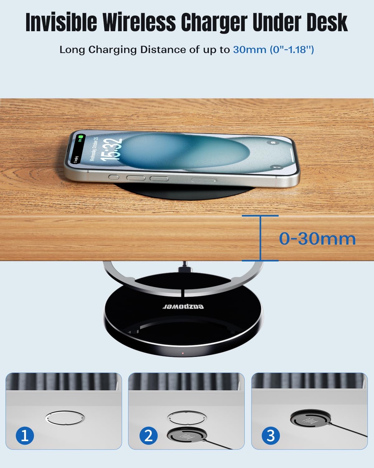 Invisible Wireless Charger, 0-30mm Under Desk Wireless Charger, Dual Uses On or Hidden Under Table Charging Pad for Nightstand for iPhone 17/17 Pro/17 Pro Max/17 Air/16/15/14/Samsung Phone