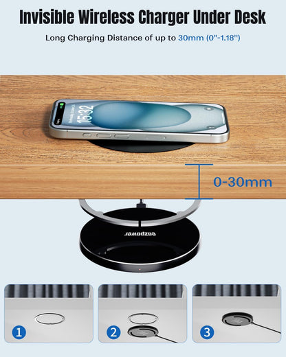 Invisible Wireless Charger, 0-30mm Under Desk Wireless Charger, Dual Uses On or Hidden Under Table Charging Pad for Nightstand for iPhone 17/17 Pro/17 Pro Max/17 Air/16/15/14/Samsung Phone