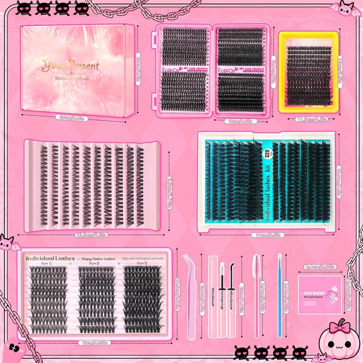 Lash Cluster Extensions Gift Set, Eyelash Extension, 30D 40D 60D 80D 100D Natural Full Set, 120D Extra Volume, Soft & Lightweight, with Glue, Tweezers & Brush