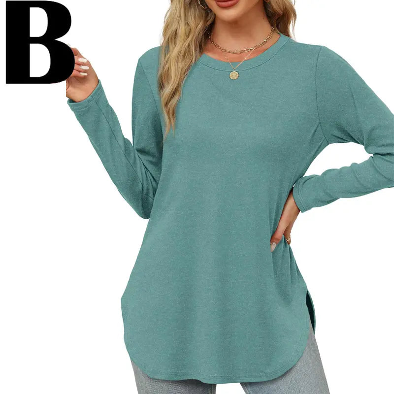 WIHOLL Womens Tunic Tops to Wear with Leggings Long Sleeve Thumb Hole Shirts Crew Neck Curved Hem SpringStatements