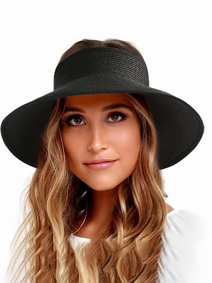 Women's Solid Color Cute Bow Design Wide Brim Straw Hat, Casual Trendy Foldable Sun Hat for Beach, Fashion Accessories for Women & Girls