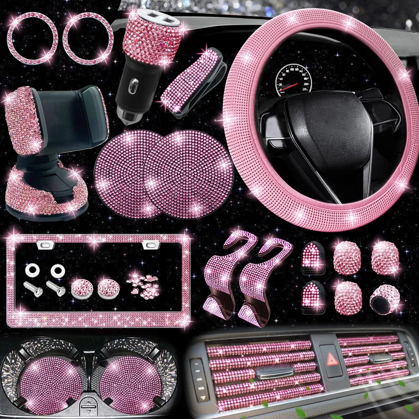 Rhinestone Car Decoration Set for Fall, Steering Wheel Cover & License Plate Frame & Coaster & Hook for BMW i8, Vehicle Automotive Accessories, Interior, Car Accessories