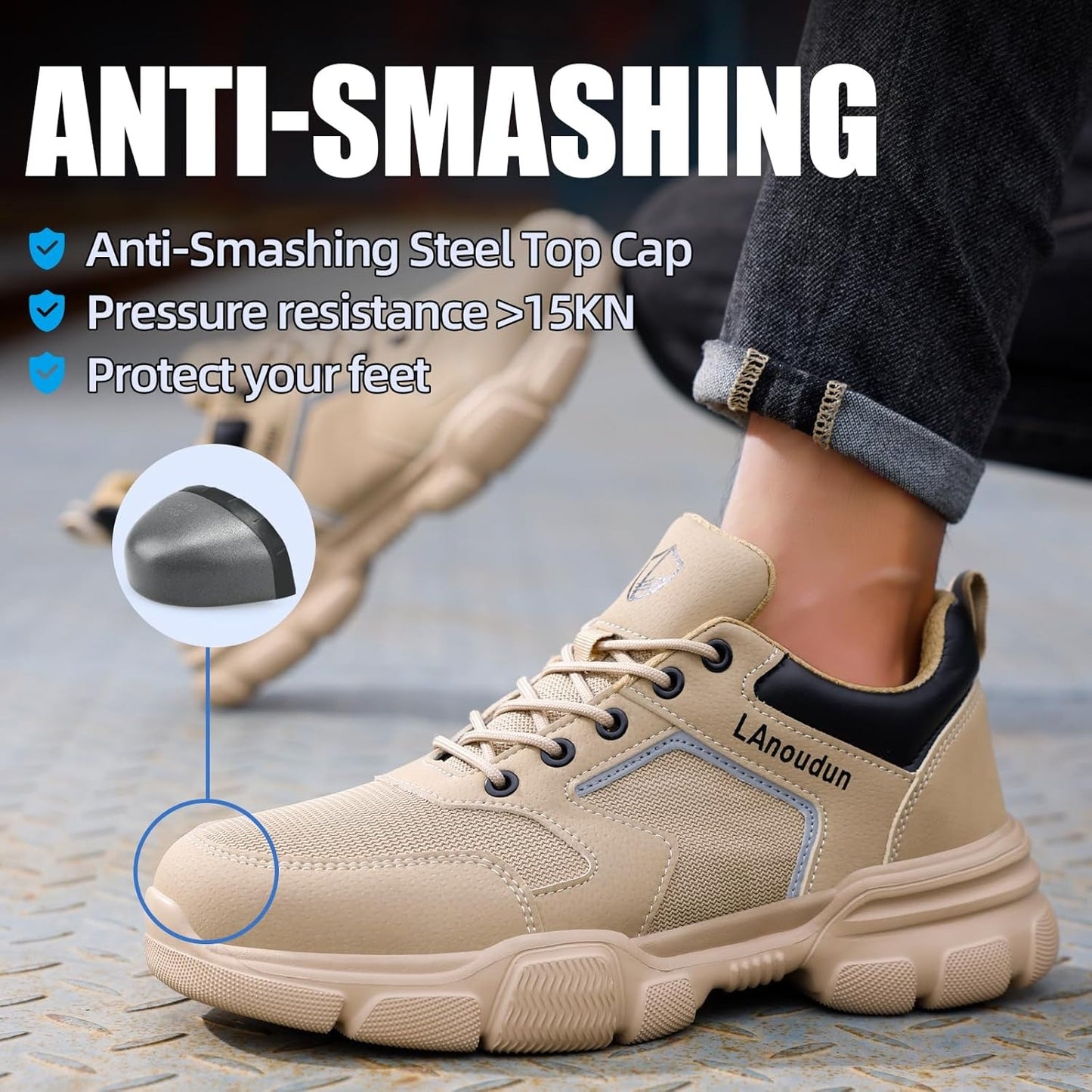 One-piece high-strength safety shoes, capable of withstanding a 3,000-pound heavy object impact, puncture-resistant, lightweight and breathable