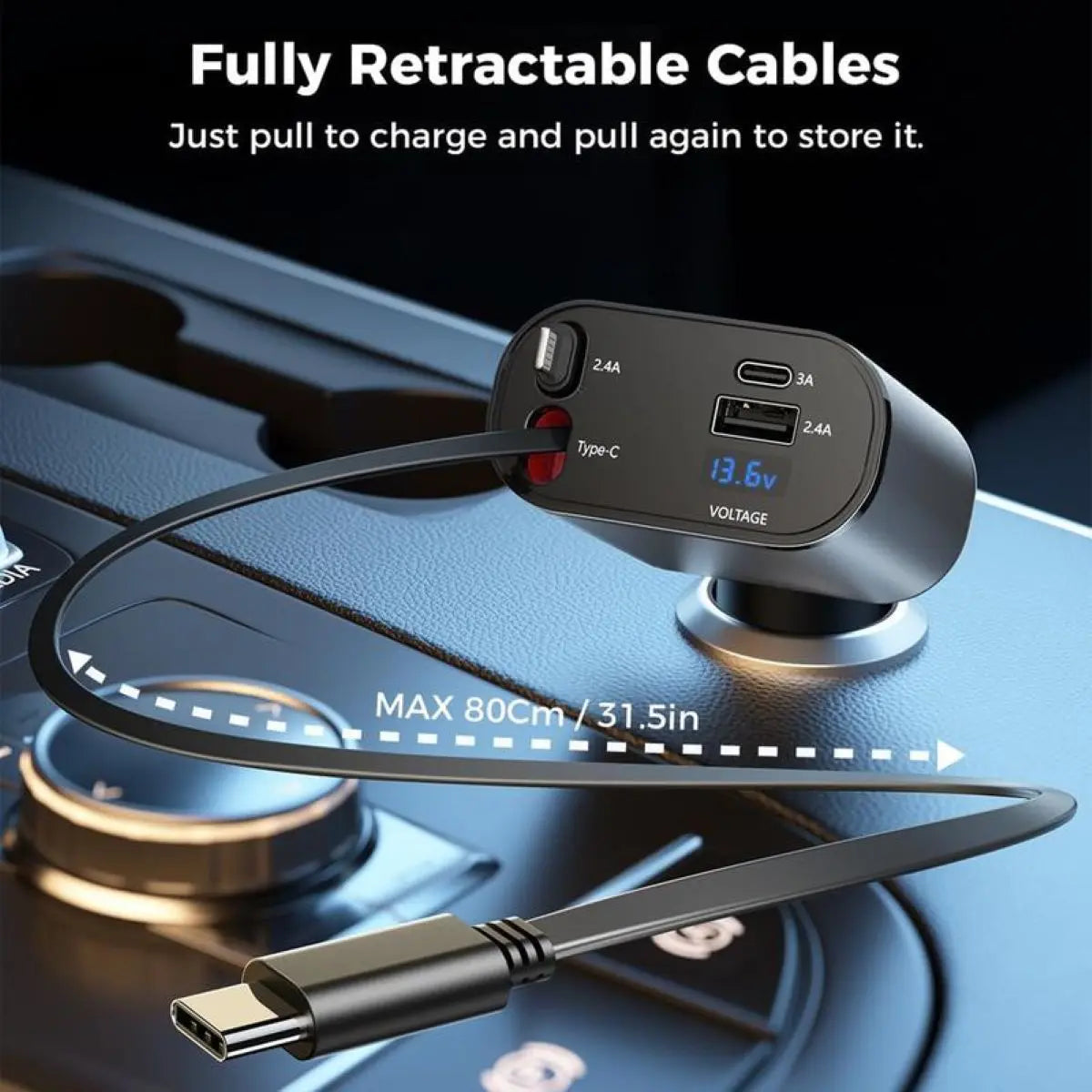 CHENGKE 4 in 1 Retractable Car Charger,Super Fast Charging Car Charger Max 120W, Retractable Cable and 2 USB Ports Car Charger Adapter for iPhone 15 14 13 12 Pro Max, Galaxy S23 Bluetooth Charger phone charger c