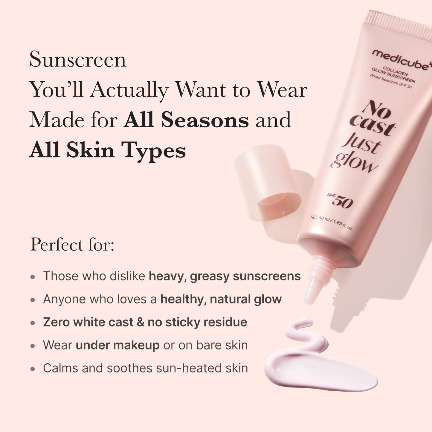 [NEW] [medicube] No Cast Just Glow Collagen Sunscreen | SPF 50 Broad Spectrum Face Sunscreen | Lightweight, Non-Sticky, Hydrating Formula | No White Cast or Residue | Peptide, Cica for Soothing & Natural Glow