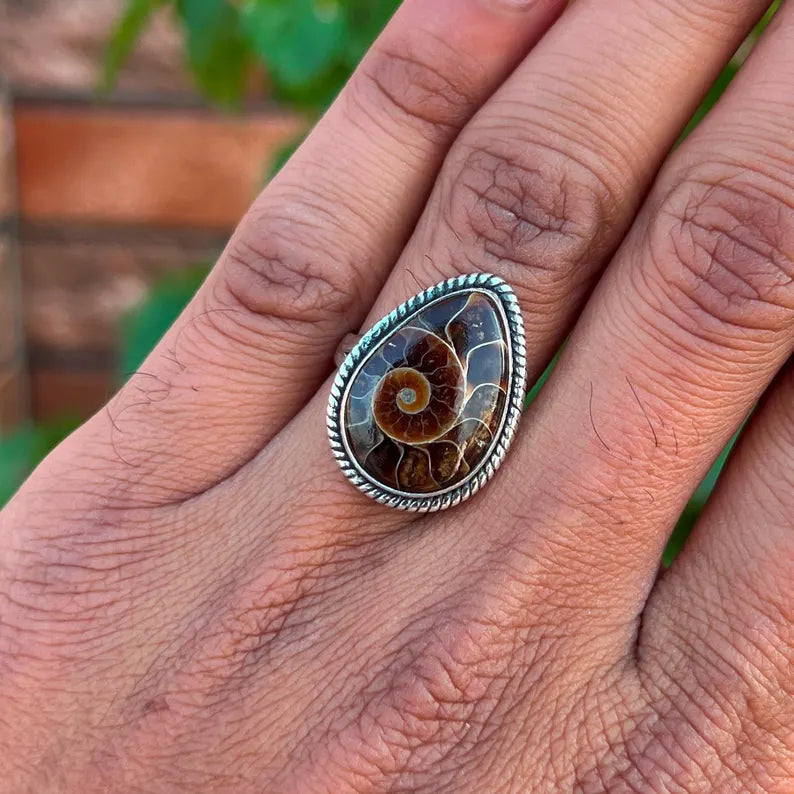 Precious Cambrian ancient conch fossil open adjustment ring