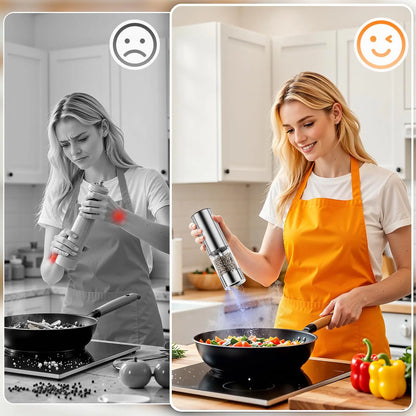 HomeHacks Electric Salt & Pepper Grinder Sets （2PCS）- LED Light,Rechargeable, Freely adjustable grind size(6 Settings) , One button,One hand,Huge upgrade, for Home Kitchen & BBQ,Gift