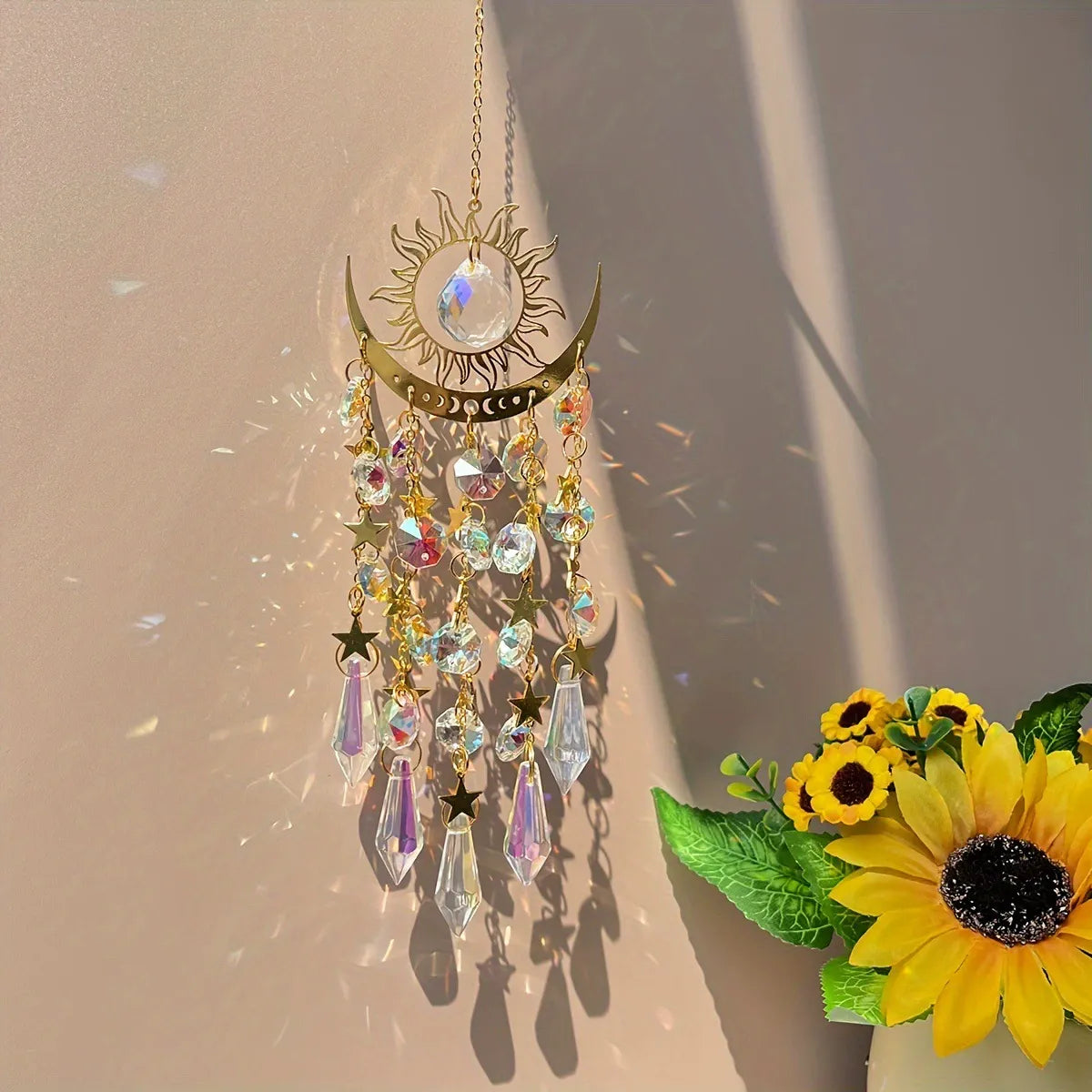 Celestial Sun-Moon Crystal Sun Catcher – Rainbow Prism Magic for Spiritual Calm & Boho Home Decor