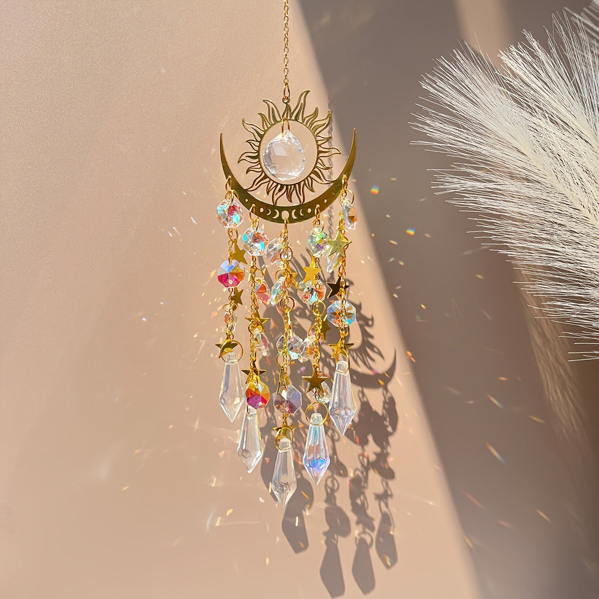 Celestial Sun-Moon Crystal Sun Catcher – Rainbow Prism Magic for Spiritual Calm & Boho Home Decor