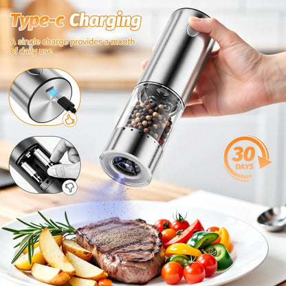 HomeHacks Electric Salt & Pepper Grinder Sets （2PCS）- LED Light,Rechargeable, Freely adjustable grind size(6 Settings) , One button,One hand,Huge upgrade, for Home Kitchen & BBQ,Gift