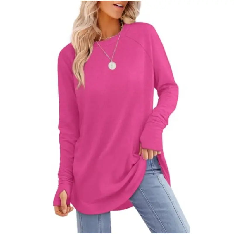 WIHOLL Womens Tunic Tops to Wear with Leggings Long Sleeve Thumb Hole Shirts Crew Neck Curved Hem SpringStatements