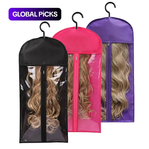 3pcs Wig Storage Bag with Hook and Zipper, Transparent Dustproof Wig Storage Bag and Hanger, Hair Extension Holder Wig Bag, Wigs Accessories for Salon & Home Use