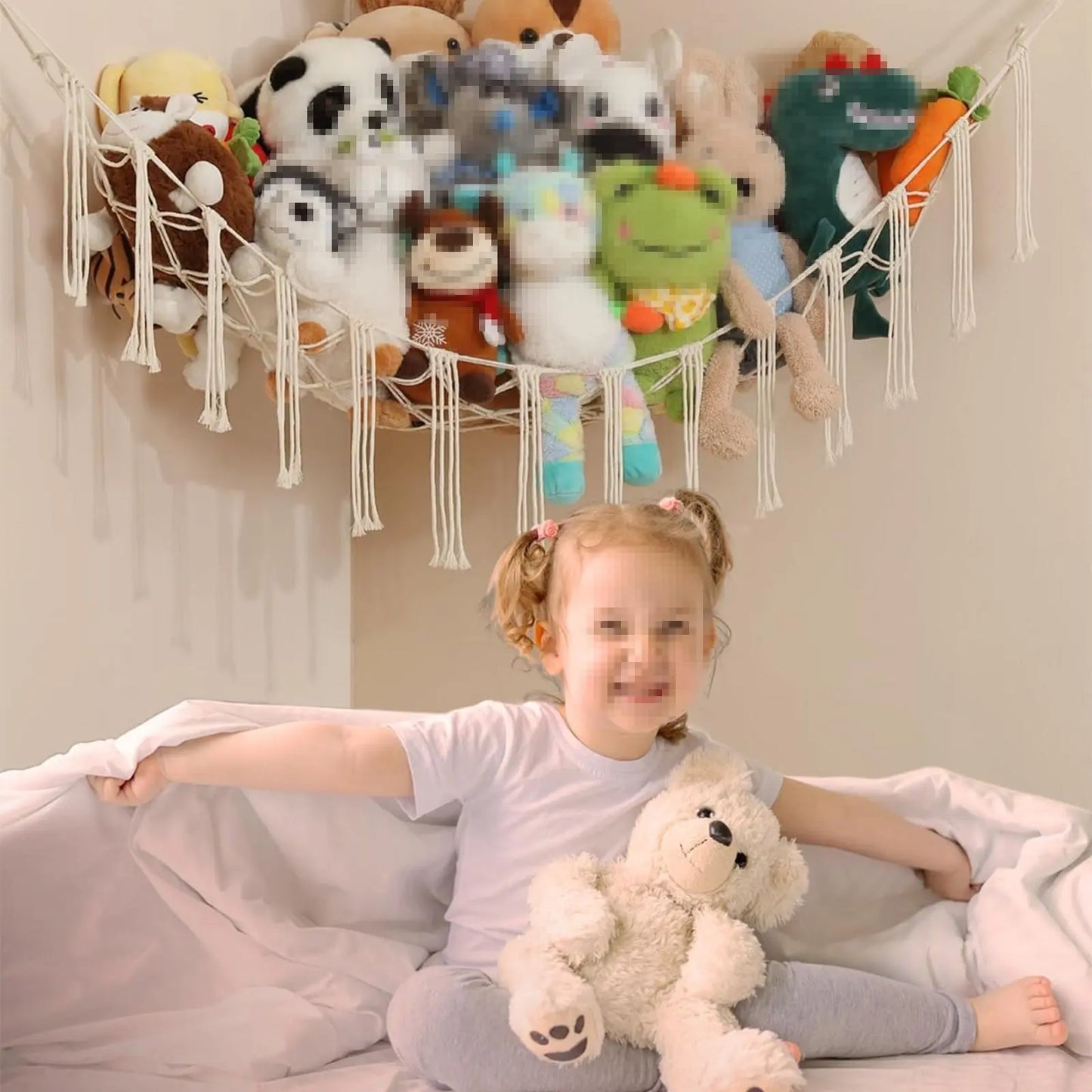 Plush Toy Hammock 60in Hangable Boho Stuffed Animal Corner Hanging Net Practical Cotton Organiser for Bedroom Nursery Decoration Ornaments