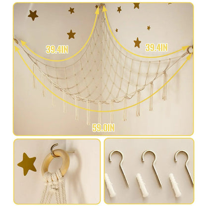Plush Toy Hammock 60in Hangable Boho Stuffed Animal Corner Hanging Net Practical Cotton Organiser for Bedroom Nursery Decoration Ornaments