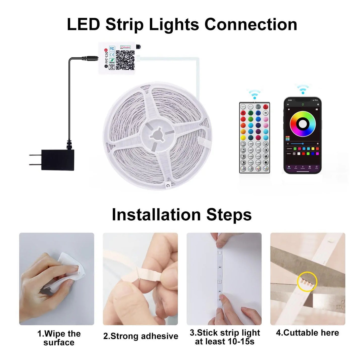 100FT 50FT Smart LED Strip Lights Sync to Music with 44 Key Remote Controller & App Control RGB LED Lights for Bedroom Christmas Decor