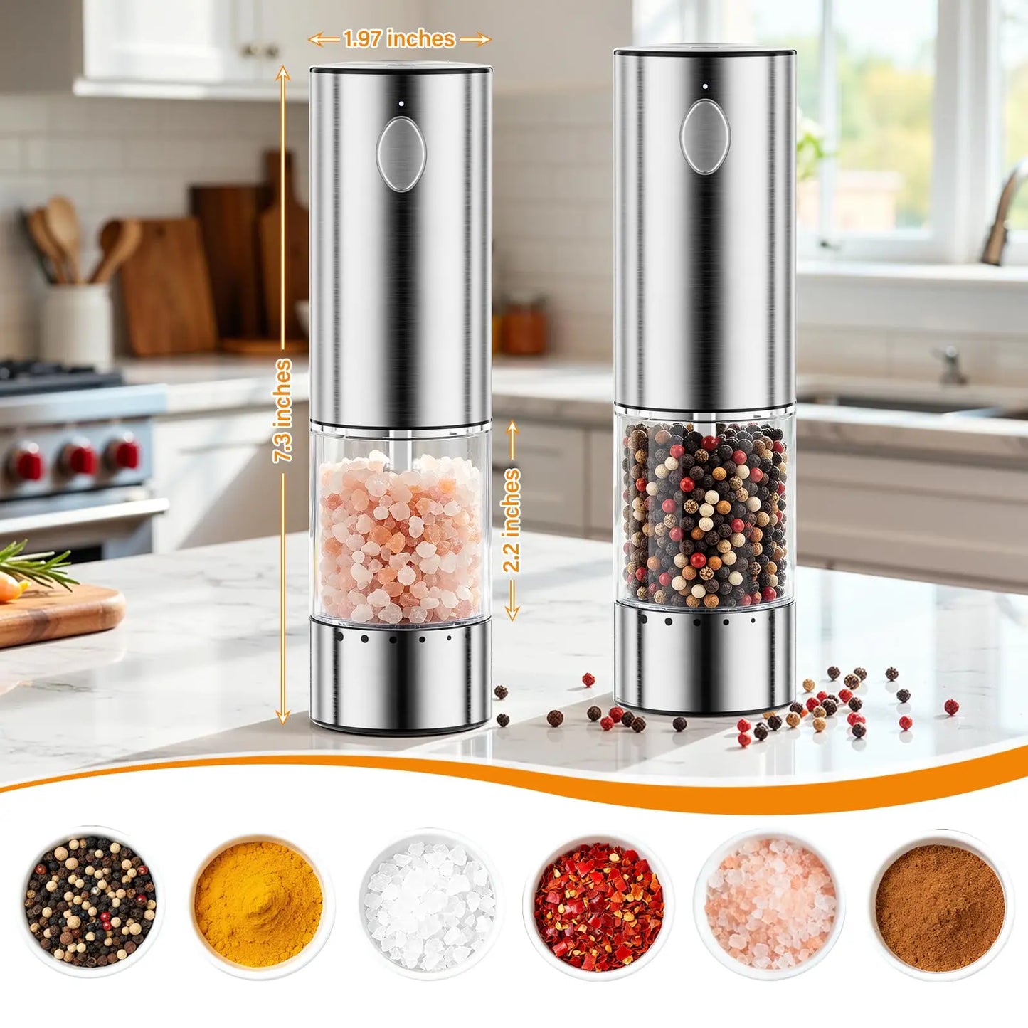 HomeHacks Electric Salt & Pepper Grinder Sets （2PCS）- LED Light,Rechargeable, Freely adjustable grind size(6 Settings) , One button,One hand,Huge upgrade, for Home Kitchen & BBQ,Gift
