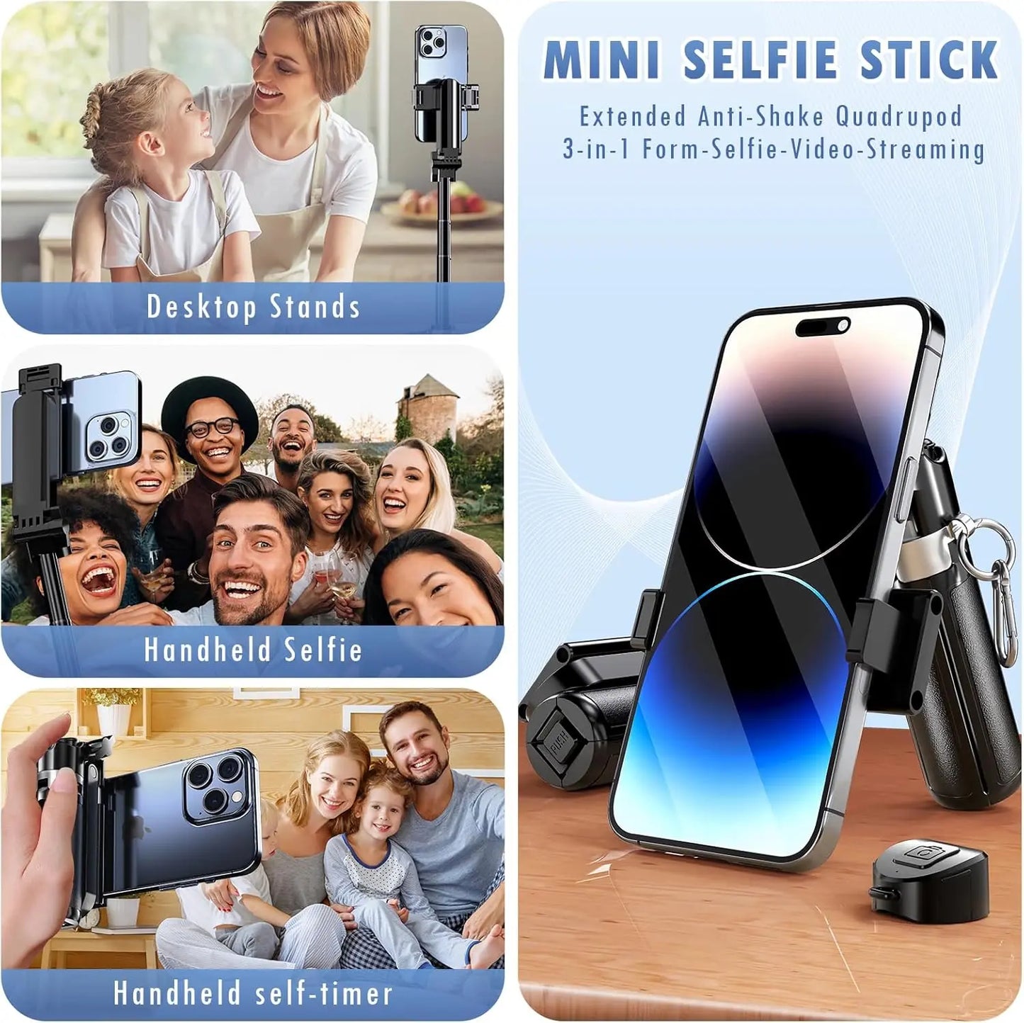 2026 New 4-in-1 Multifunctional mini Selfie Stick with 360° Rotation Compact Stylish Wireless Bluetooth Control Phone Holder for Selfies Video Recording Vlogging  - Stabilizer Camera,Maxinum extend to 16 inches ,Valentine's Day gift