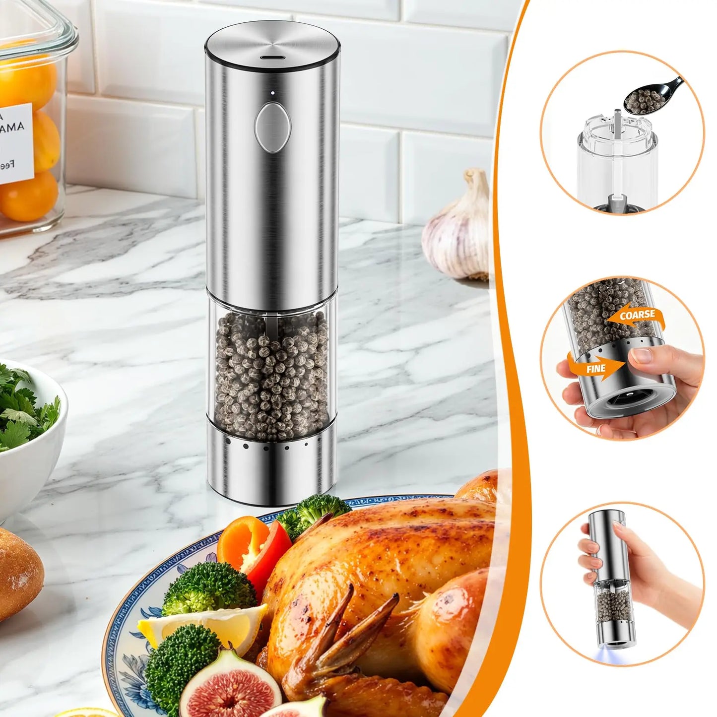 HomeHacks Electric Salt & Pepper Grinder Sets （2PCS）- LED Light,Rechargeable, Freely adjustable grind size(6 Settings) , One button,One hand,Huge upgrade, for Home Kitchen & BBQ,Gift