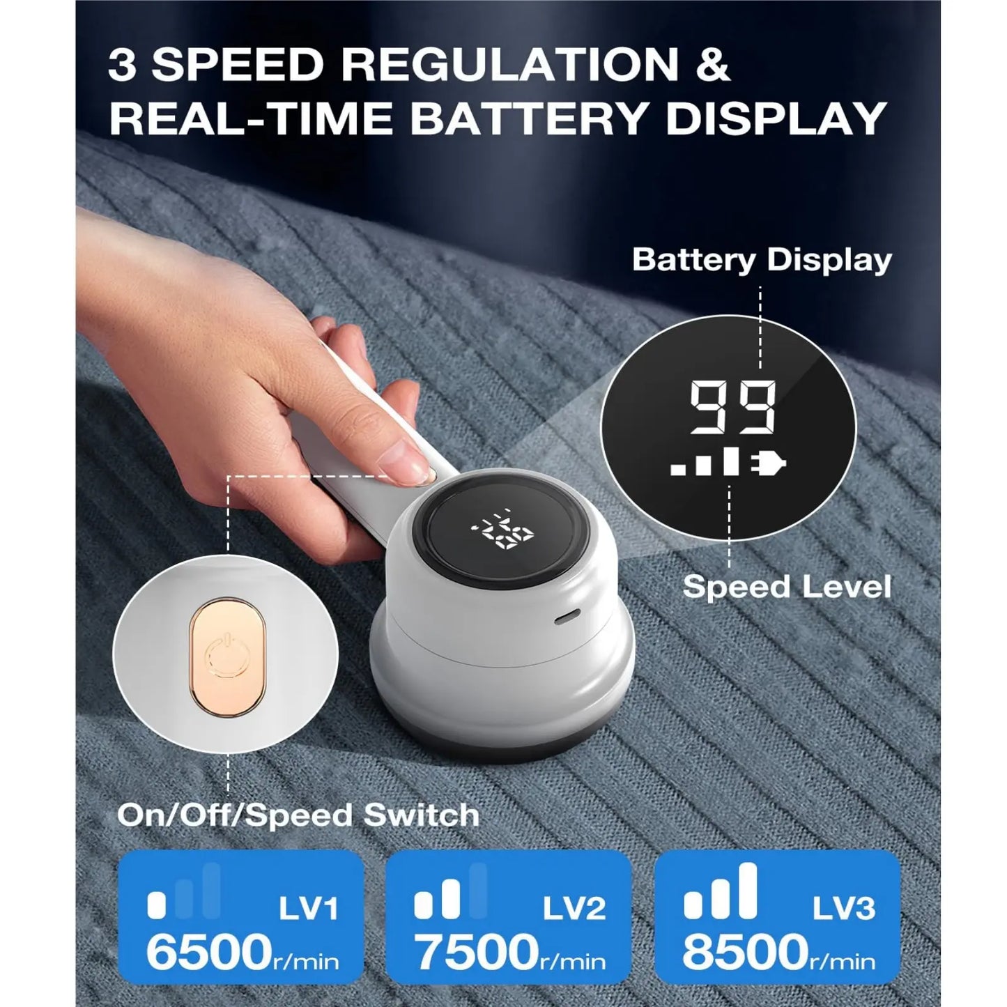 Rechargeable Fabric Shaver Electric Lint Remover with LED Display and Large Capacity Container 3, Settings Control Shaver Easy-to-Grip Handle High-End Color Matching, Efficient Sweater and Lint Shaver for Clothes