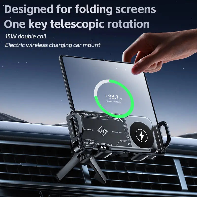 Wireless Charging Phone Holder Car Mount for Folding Screen/Universal Smartphone, 90° Rotating Car Mount Output Power 15W, Super Stable Air Vent Cell Phone Car Mount with Hook Clip, One Button Release for iPhone, Samsung, Google, and Other Smartphone