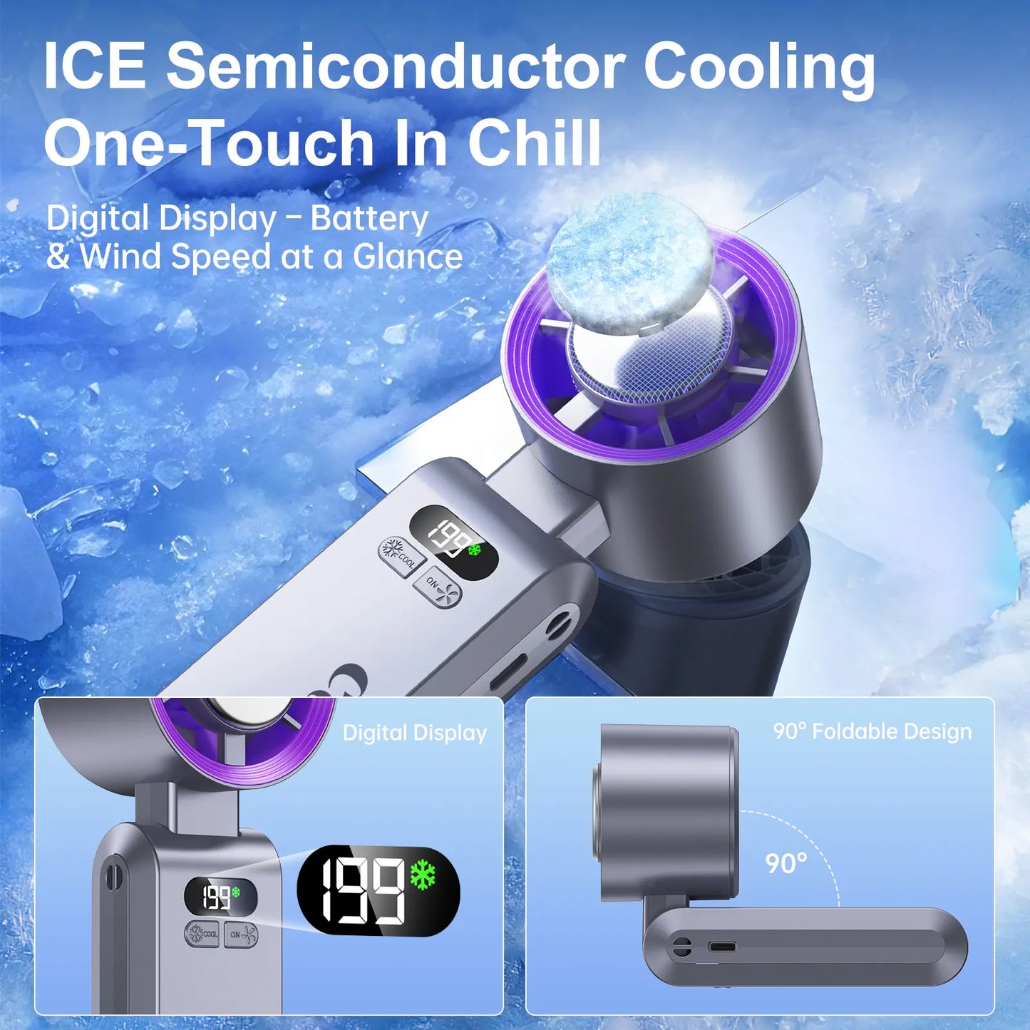 CoolHill ice fan Portable Handheld High Speed Fan 199 Adjustable Levels Foldable for Summer  Travel Vacation Essentials& Outdoor Activities with 13000 RPM Turbine Engine cool fan