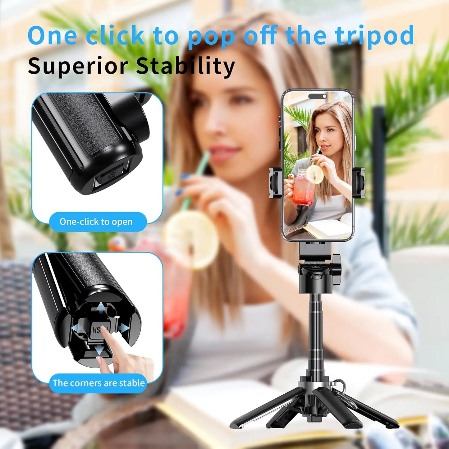 2026 New 4-in-1 Multifunctional mini Selfie Stick with 360° Rotation Compact Stylish Wireless Bluetooth Control Phone Holder for Selfies Video Recording Vlogging  - Stabilizer Camera,Maxinum extend to 16 inches ,Valentine's Day gift