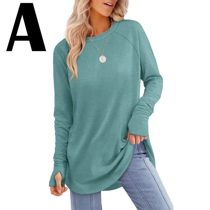 WIHOLL Womens Tunic Tops to Wear with Leggings Long Sleeve Thumb Hole Shirts Crew Neck Curved Hem SpringStatements